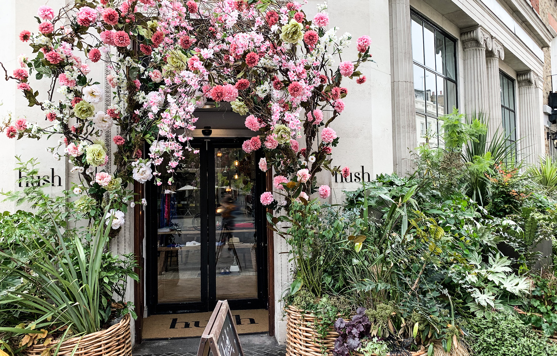 Storefront with beautiful pink flowers growing around and above the double door entrance - Header Image for the Rebrand One Blog Post